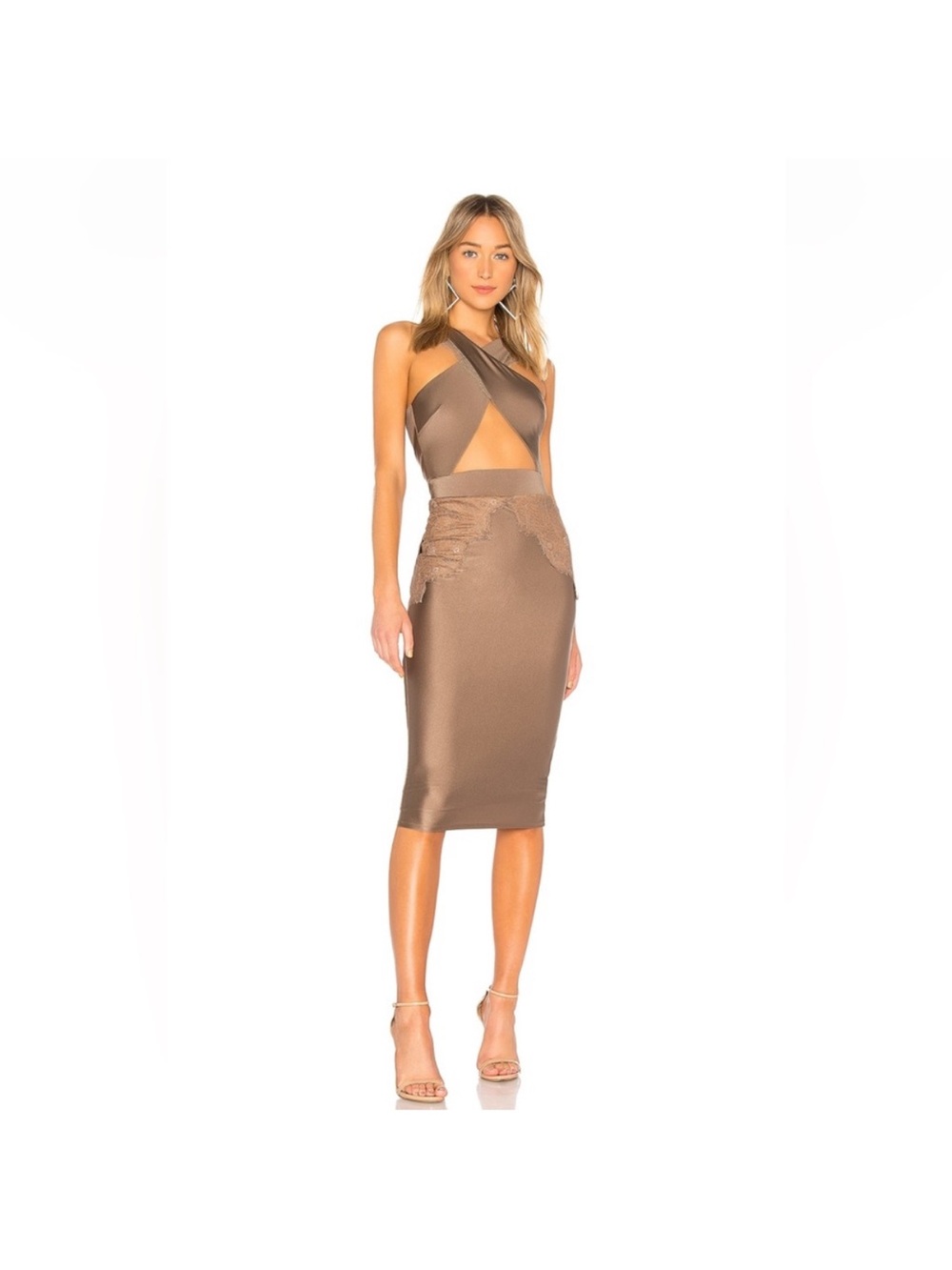 Michael Costello Brown Cross-Front Cutout Midi Dress